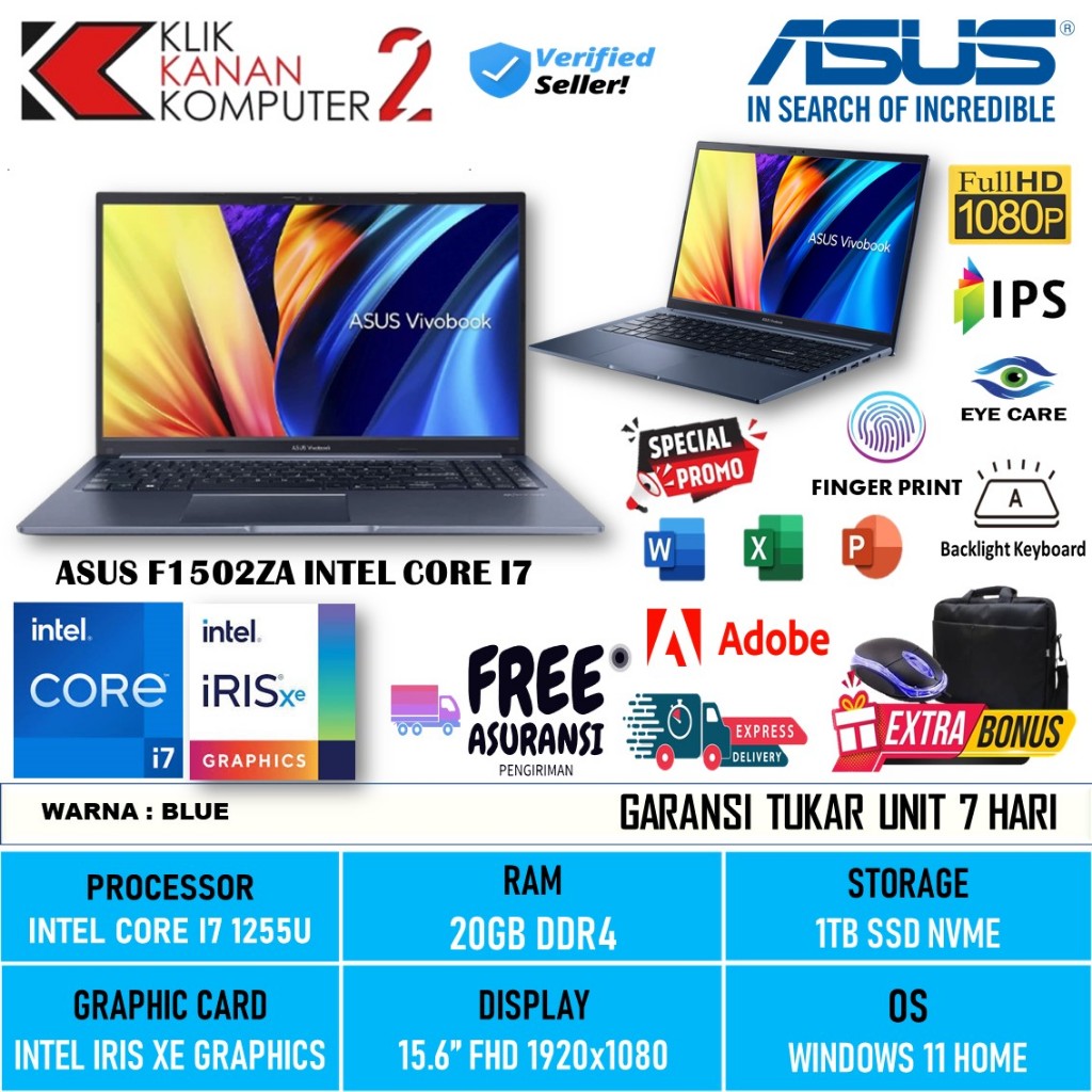 Laptop Kerja Asus Vivobook 15 F1502ZA Intel Core i7 | Intel Core I3 Gen 12 Terbaru Ram 20GB 1TB SSD 