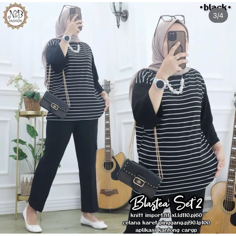 setelan celana jumbo wanita kaos knit salur setcel wanita merk clarke