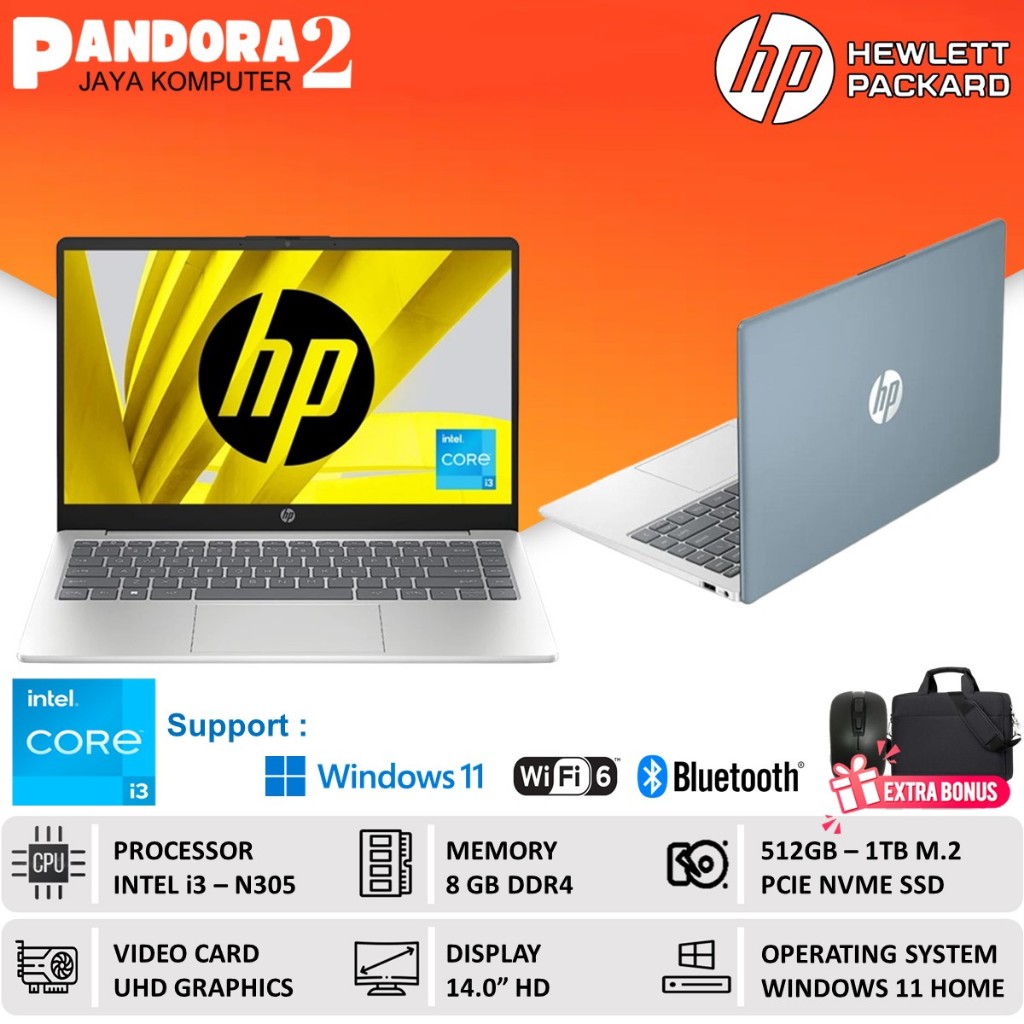 Laptop HP core i3 N305 512SSD 8GB 14" HD Windows 11 Baru