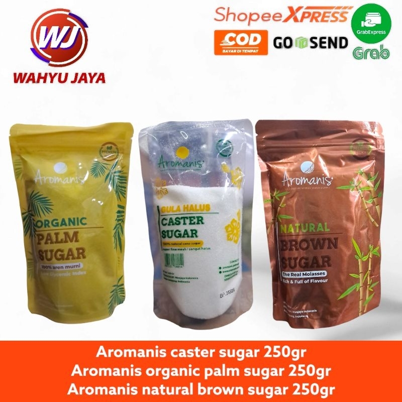 

Aromanis variant caster sugar, organic palm sugar,natural brown sugar kemasan 250gra.