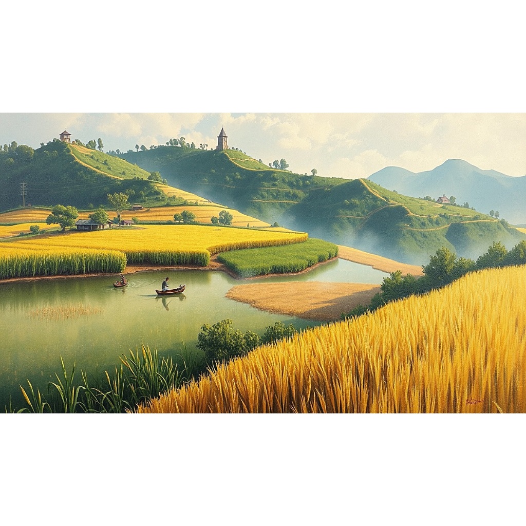 Lukisan Panen Padi dengan Pemandangan Danau dan Sawah Luas Desain Terkini