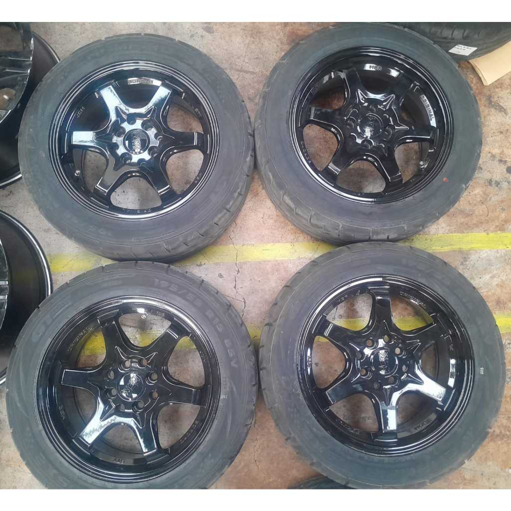 VELG MOBIL BEKAS HSR STY R15X6,5 8X100/114 ET42 BLK +BAN GT 195 55 R15 VELG UNTUK MOBIL AGYA AYLA SI
