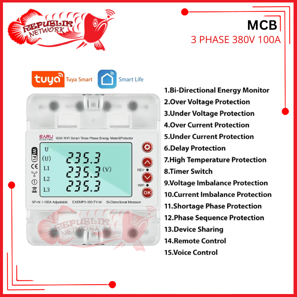 Smart Tuya MCB kWh Meter Watt Meter Digital WiFi 100A