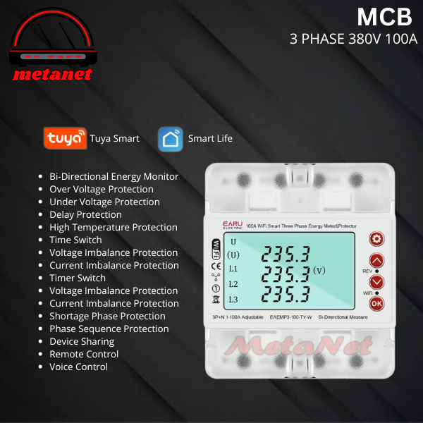 Smart Tuya MCB kWh Meter Watt Meter Digital WiFi 100A