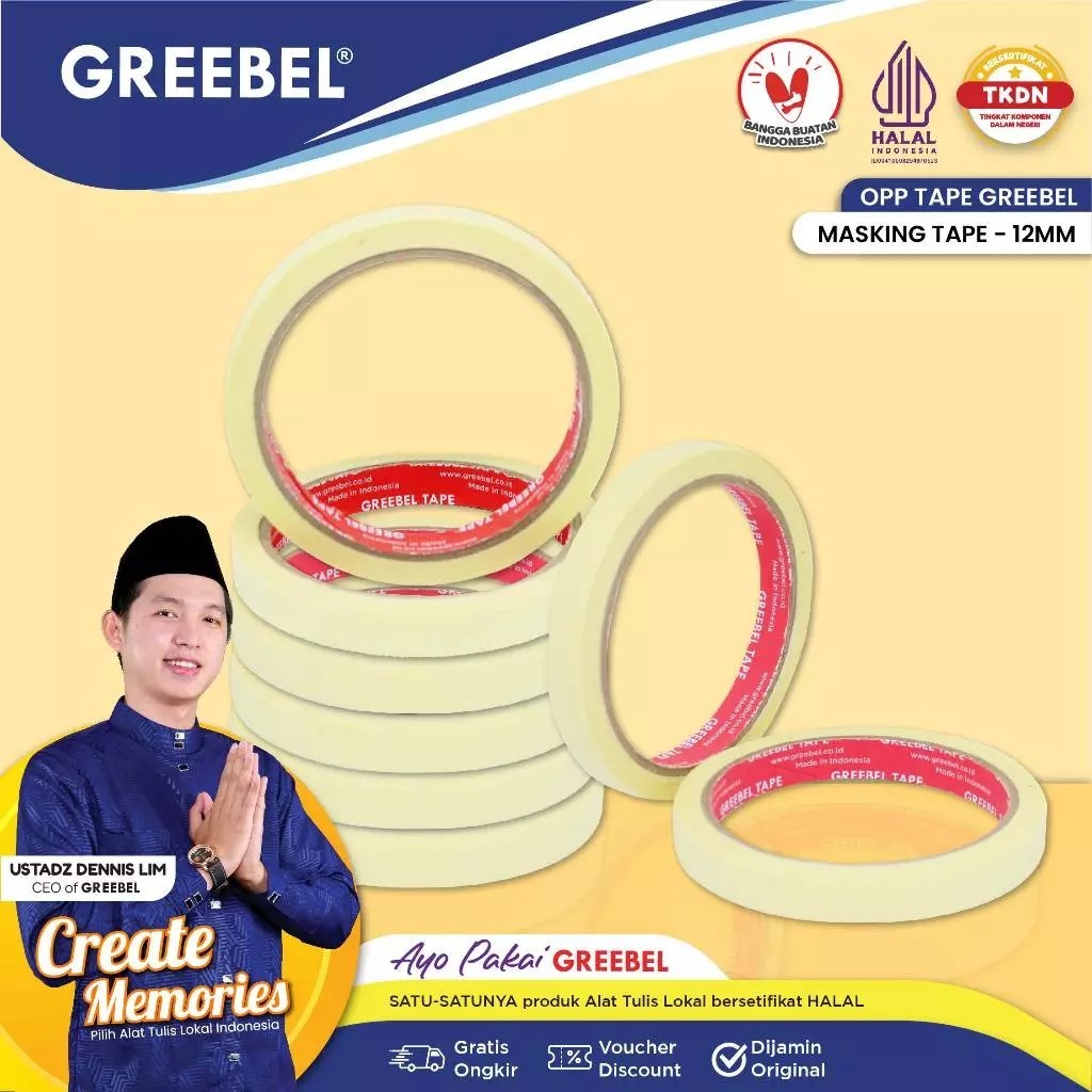 

GREEBEL Masking Tape Lakban Kertas 12MM / Isolasi Kertas Lem Kertas