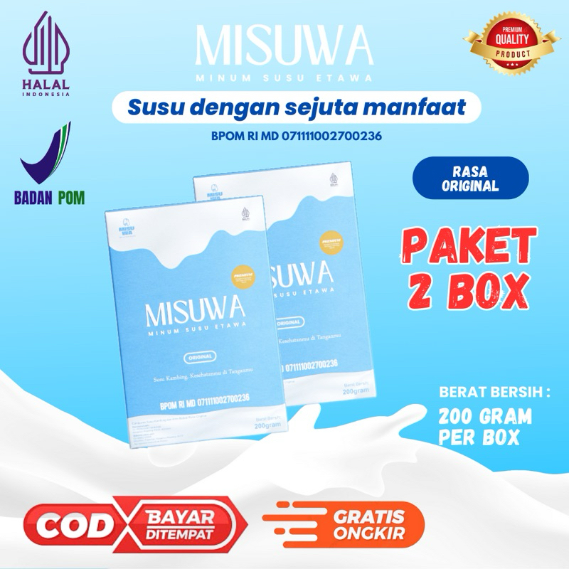 

PAKET 2 BOX MISUWA ORIGINAL - Susu Kambing Etawa Original untuk Kesehatan Tulang, Sendi, Otot, Pegal Linu dan untuk menyembuhkan segala permasalahan pernapasan (Asma,Paru-paru,Flek, dll)