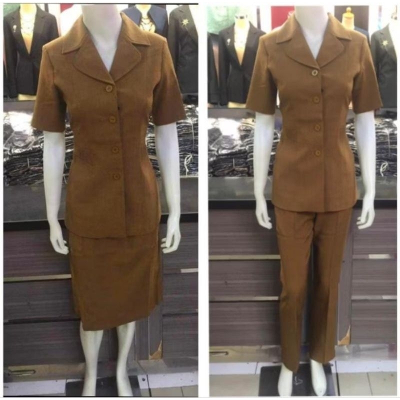 PDH Khaki Pemda ASN PNS Wanita Lengan Pendek Setelan Rok dan Celana Terbaru