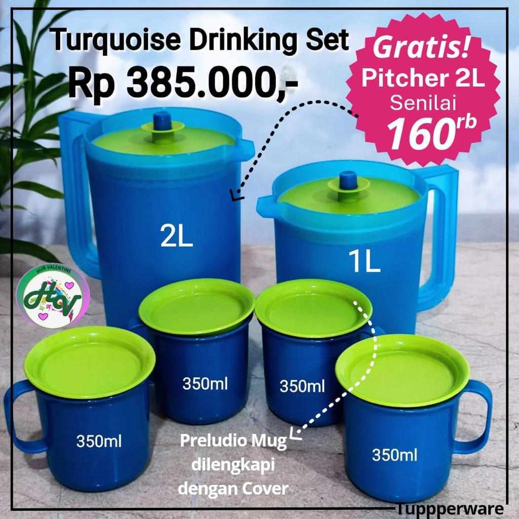 TUPPERWARE TURQUOISE DRINKING SET - PITCHER DAN GELAS TUPPERWARE