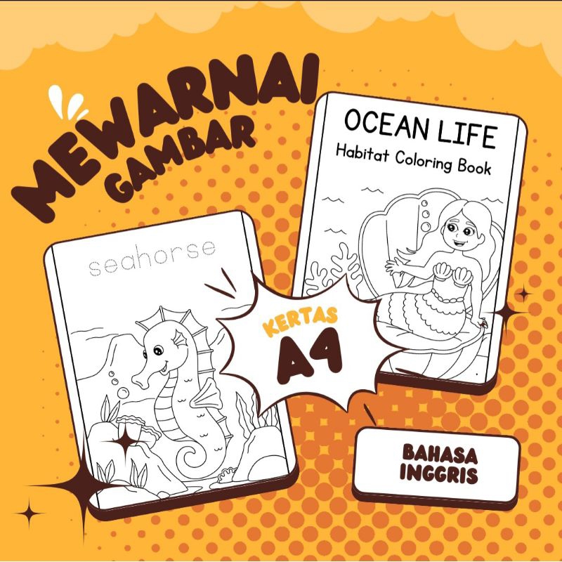 

kertas Mewarnai 22 Lembar Tema Gambar Kehidupan Bawah Laut Disertai Bahasa Inggris Untuk Anak Usia Dini TK, Paud, SD