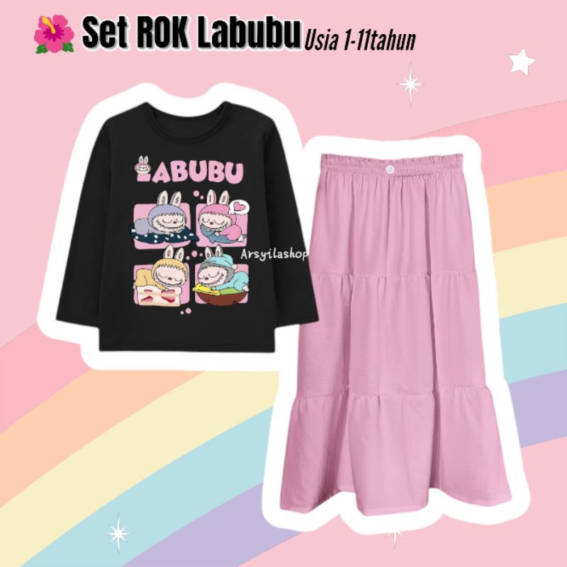 Set Rok Labubu Anak Perempuan - Baju Labubu Lengan Panjang Bawahan Rok 7/9 Usia 1-10 tahun