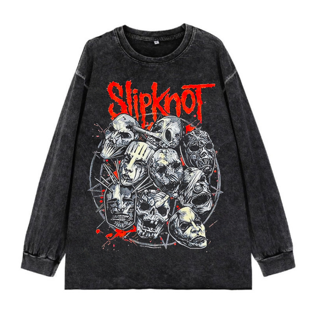 Deliberate "Slipknot" Stone Wash Long Sleeve Oversized T-Shirt | Vintage | COD | Atasan | Kaos Band