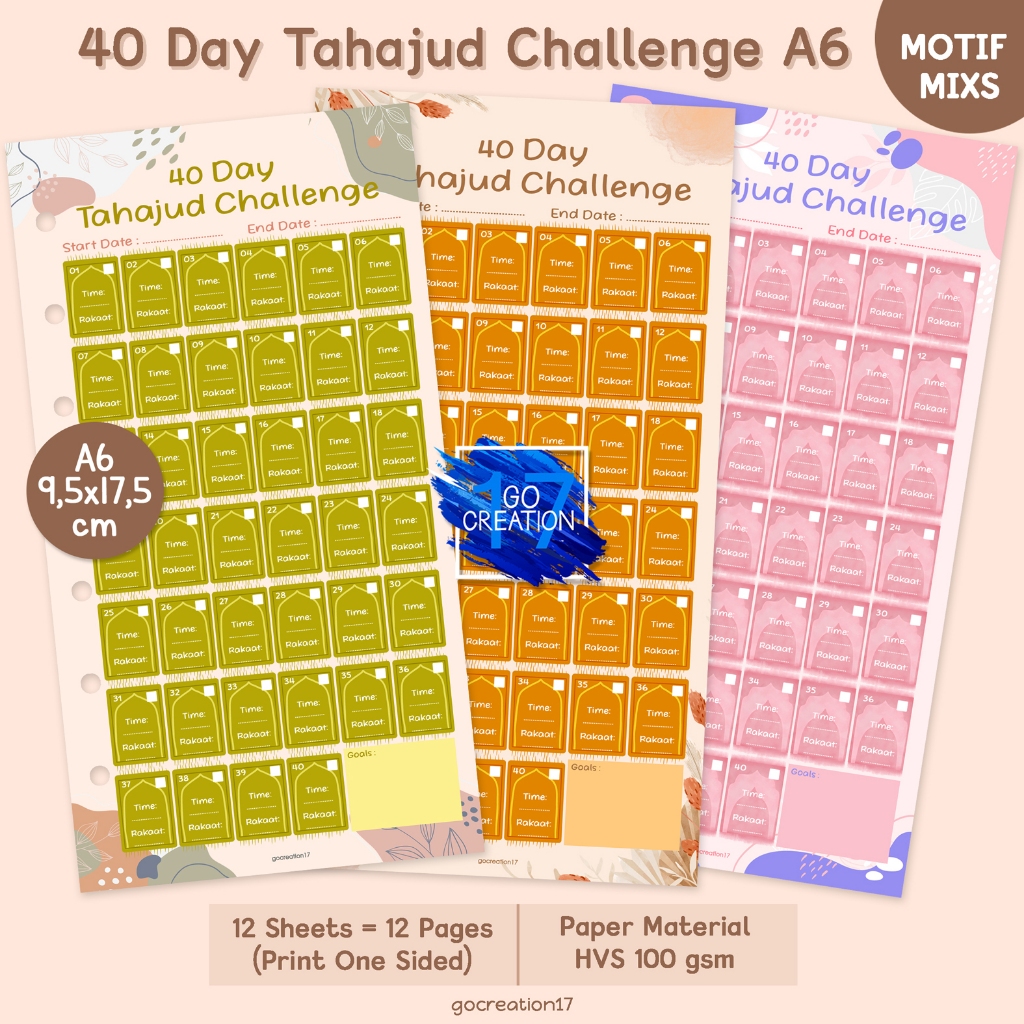 

Buku Planner Refill Kertas Binder 40 Day Tahajud Challenge tantangan Sholat Motif Premium A6