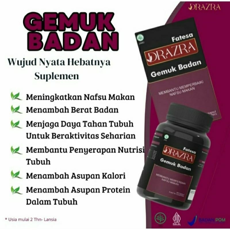 KAPSUL PENGGEMUK DRAZRA 100% ORIGINAL/KAPSUL GEMUK BADAN MERATA BERKUALITAS, AMAN, HALAL DAN BPOM