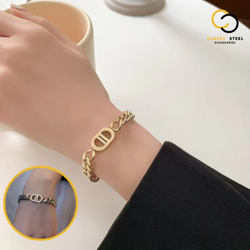 CLASSY STEEL Gelang Wanita Titanium Rantai CD Emas Silver Asli Anti Karat Dan Anti Luntur