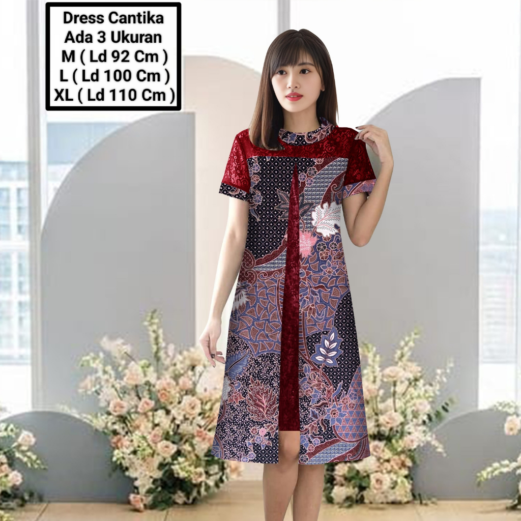 Dress Midi Model Terbaru Batik Kombinasi Brokat Mutiara Cocok Untuk Kondangan/Dress Cantika Batik