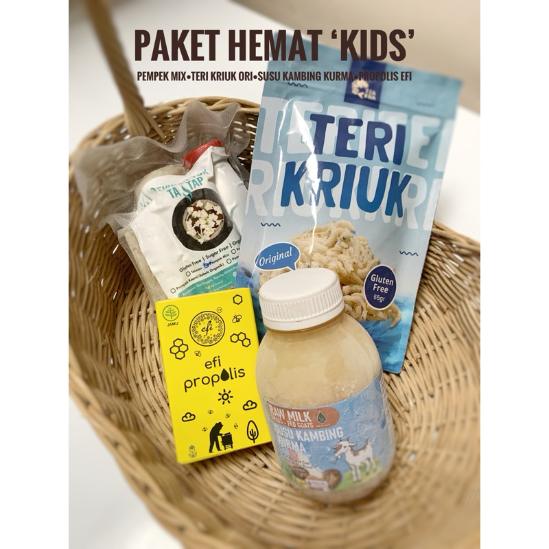 

Paket Hemat Kids( Pempek Gluten free-Propolis Efi- Susu kambing Kurma- Teri Kriuk ori)