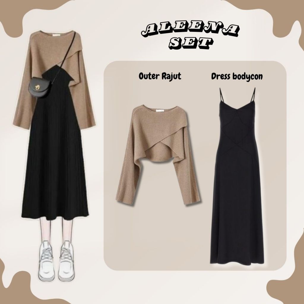 OOTD Set Aleena Setelan Korean ( Outer Silang + Dress Bodycon ) One Set Outfit Douyin Look
