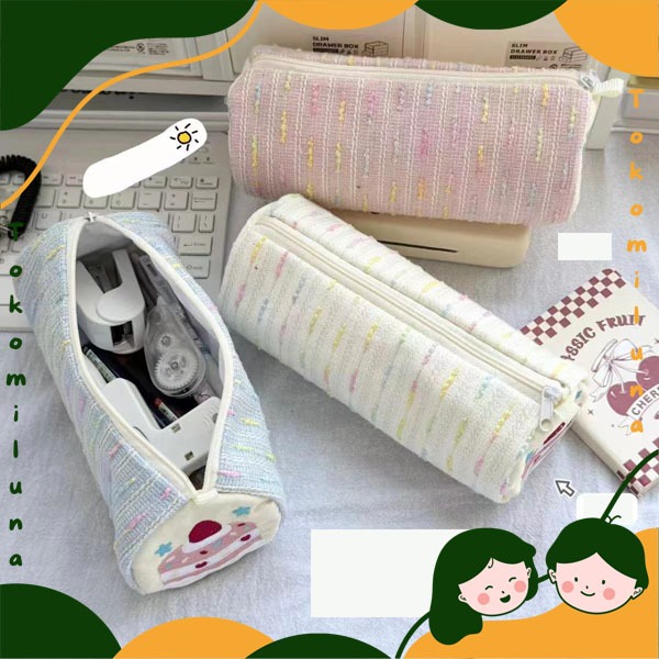 

Kotak pensil strawberry cake lucu cute tempat pensil silinder bulat model tweed estetik HB1796