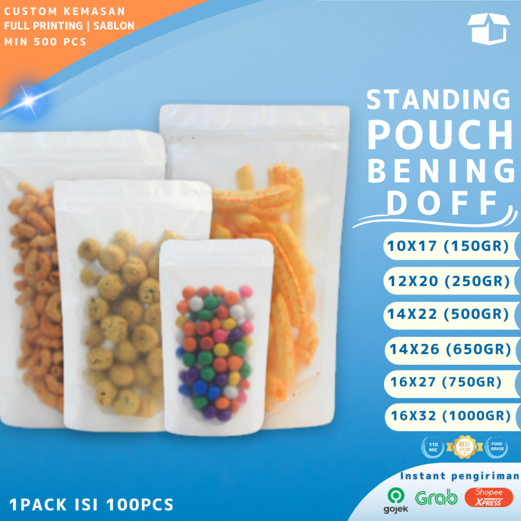 Kemasan Standing Pouch Transparan Bening Doff 10x17 cm - Plastik Ziplock Makanan - Kemasan Kopi Unik