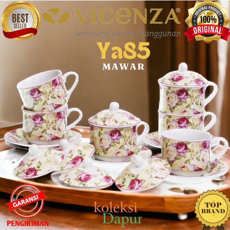 Cangkir Set VICENZA dengan Tutup Ya85 Mawar, perangkat minum porselain cup and saucer guna sebagai w