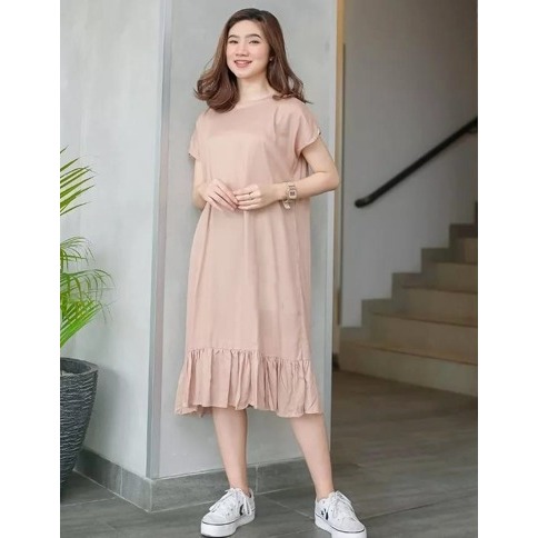 DRESS MIDI REMPEL LENGAN PENDEK WARNA POLOS HARGA MURAH COD