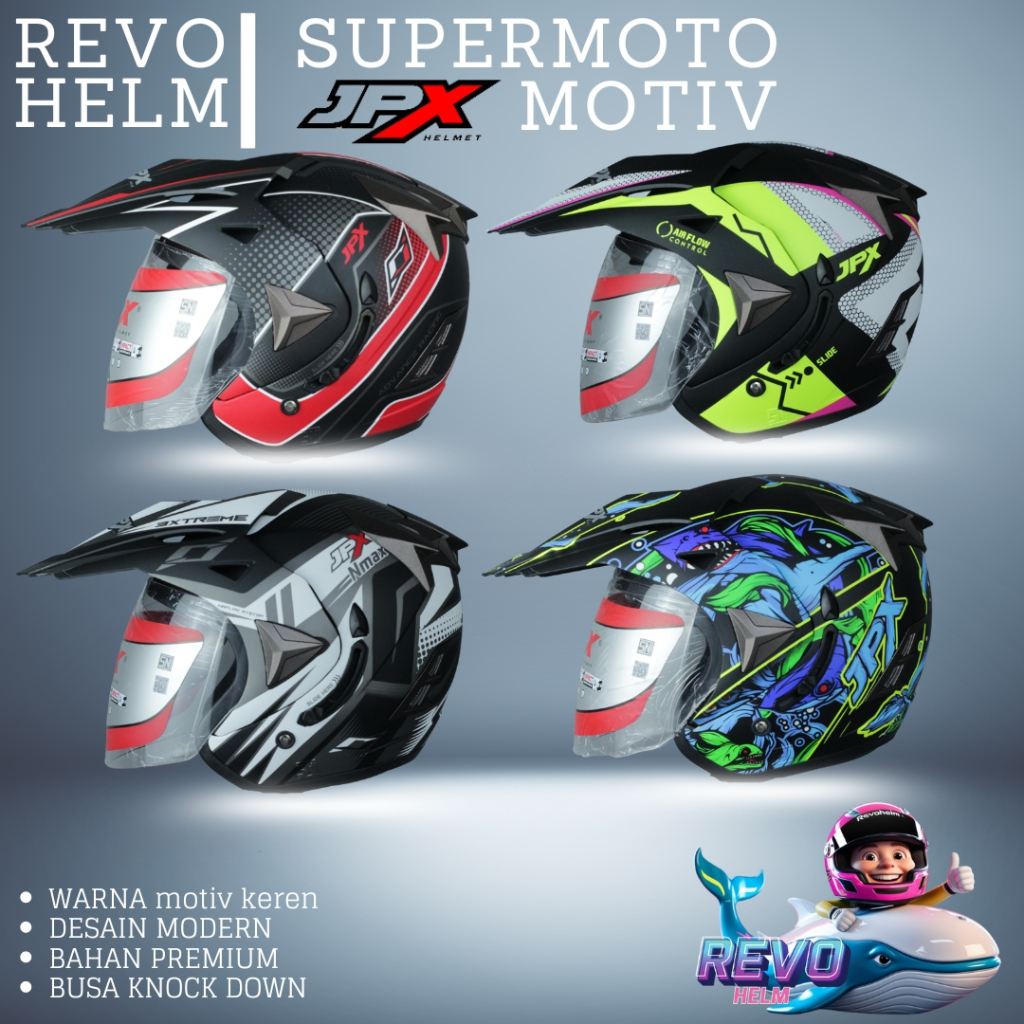 HELM JPX SUPERMOTO SOLID/MOTIF ORIGINAL, HELM SEMI MOTOCROS CRF / KLX TERLARIS, JPX HELMET OFFICIAL