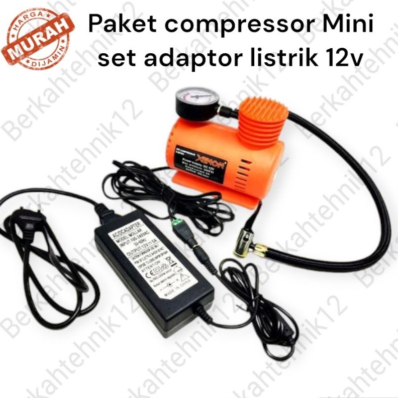 PAKET LENGKAP KOMPRESOR MINI XENON POMPA BAN MOBIL COMPRESSOR CAT  ADAPTOR LISTRIK 12V 5a