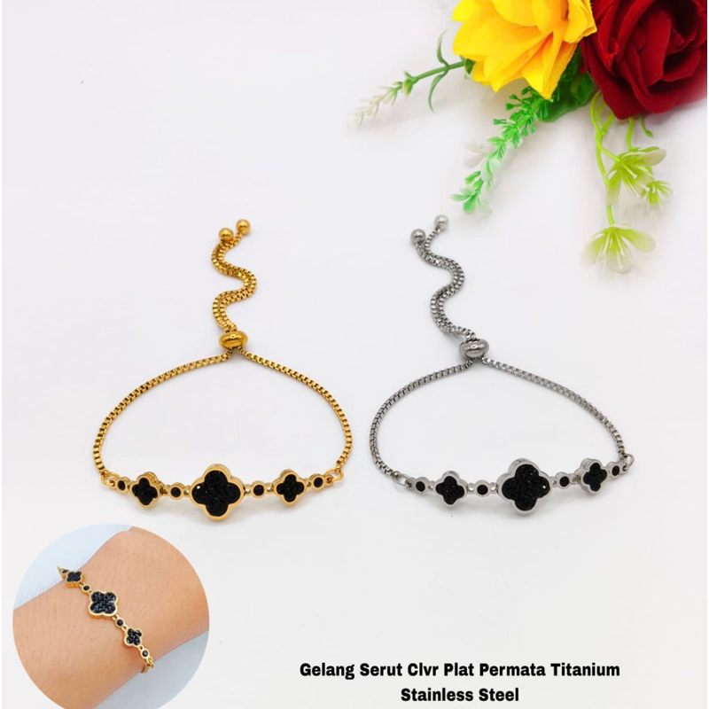 Gelang serut clvr plat hitam polos titanium fashion wanita