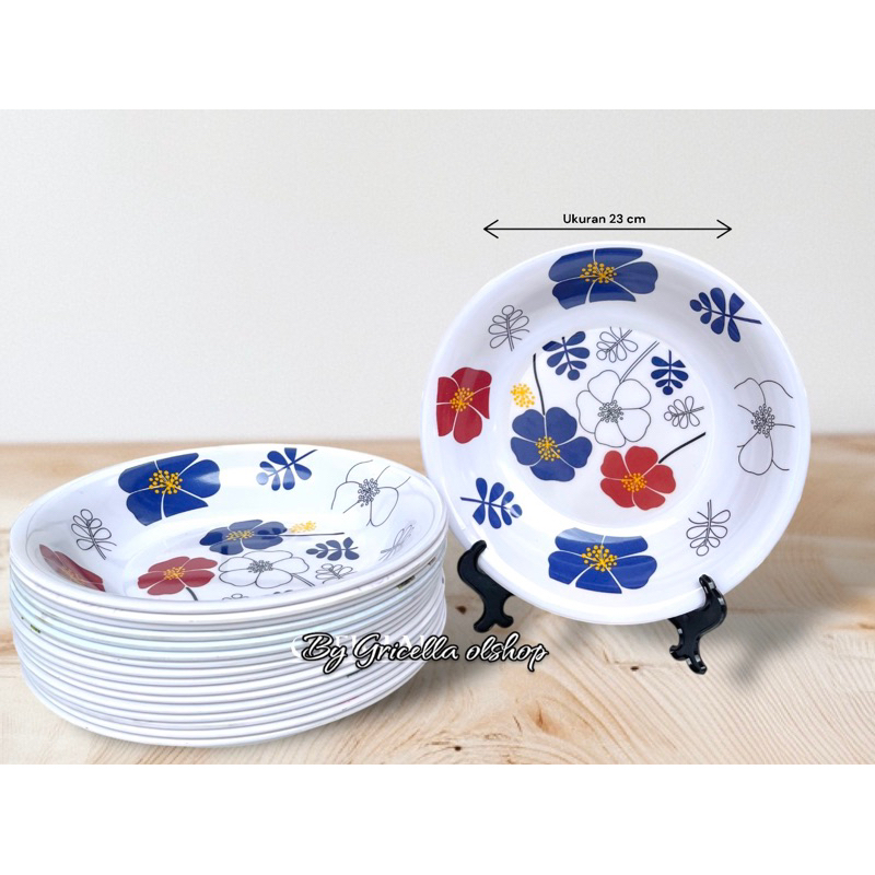 PROMO 6 PCS PIRING BULAT MELAMIN MOTIF BUNGA BIRU - PIRING BULAT DIAMETER 24 CM