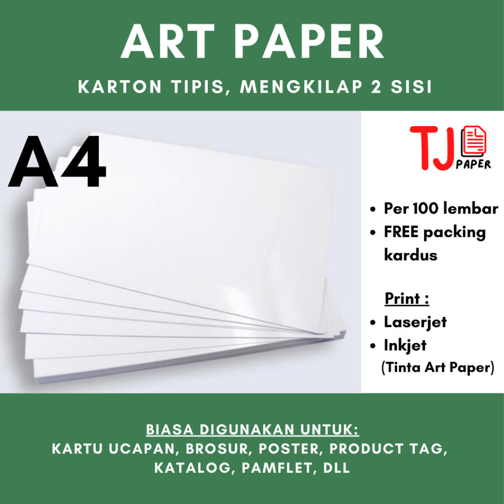 

(100 lembar) Art Paper A4 100 / 120 / 150 gsm - Glossy, mengkilap 2 sisi