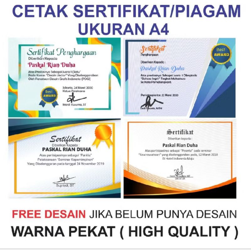 

CETAK SERTIFIKAT / PIAGAM MURAH BAHAN FOTO MATTE DOUBLE SIDE 220 grm