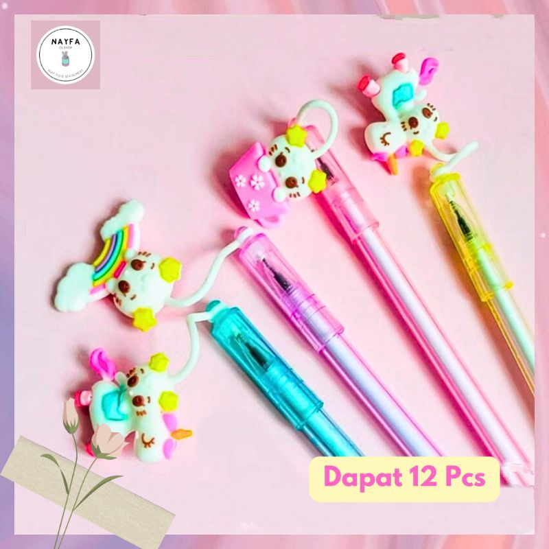 

(12 Pcs) Pulpen Gantungan Unicorn Karet Tinta Hitam Pen Gel Karakter Kudaponi Termurah