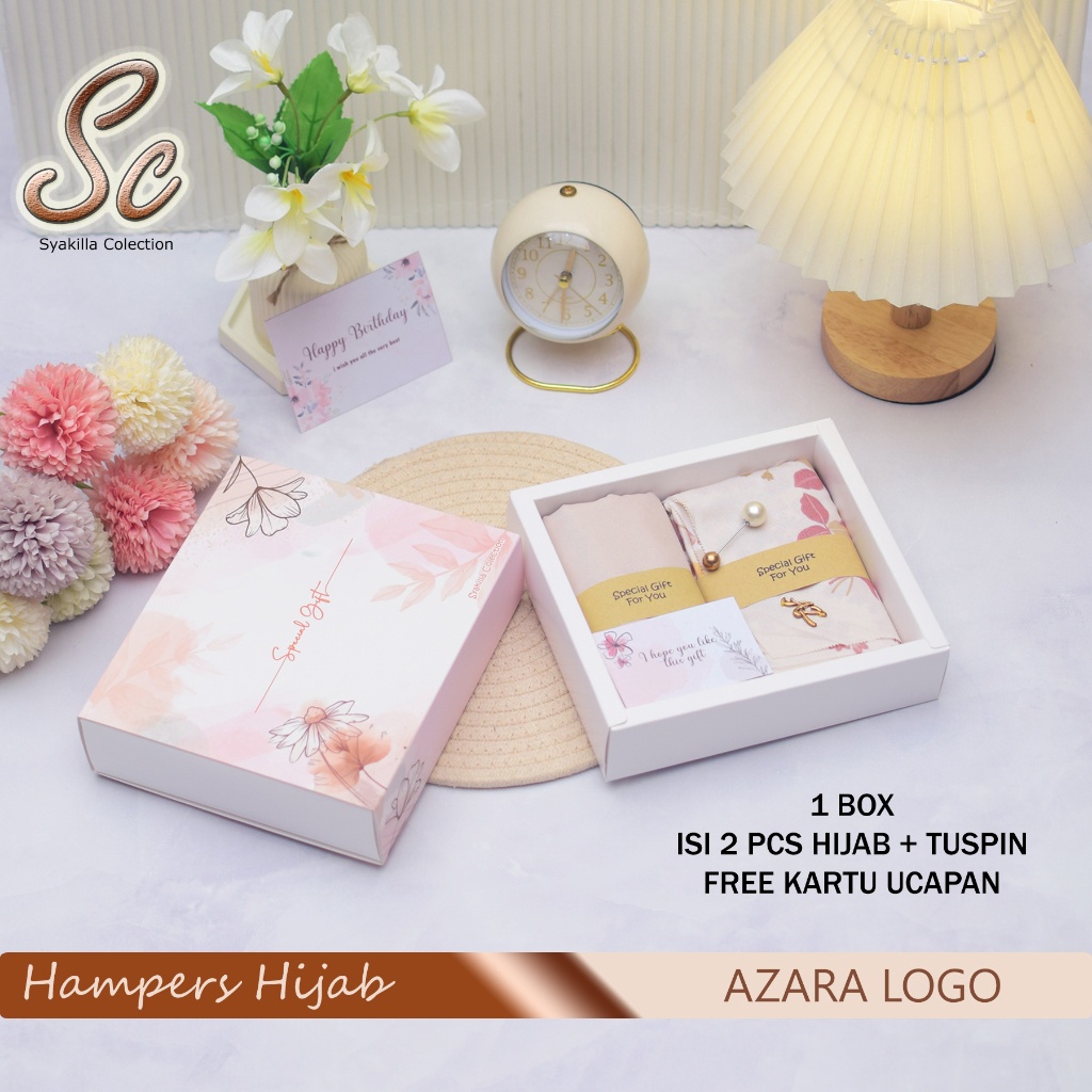 

Hamper hijab Segiempat Azara motif metal logo Hadiah guruweddingulang tahun idul fitri dll