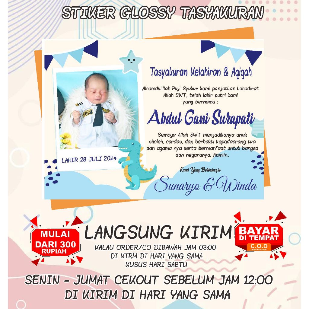 

1 HARI JADI TANPA PO | Stiker Tasyakuran Aqiqah / Kartu Tasyakuran Aqiqah