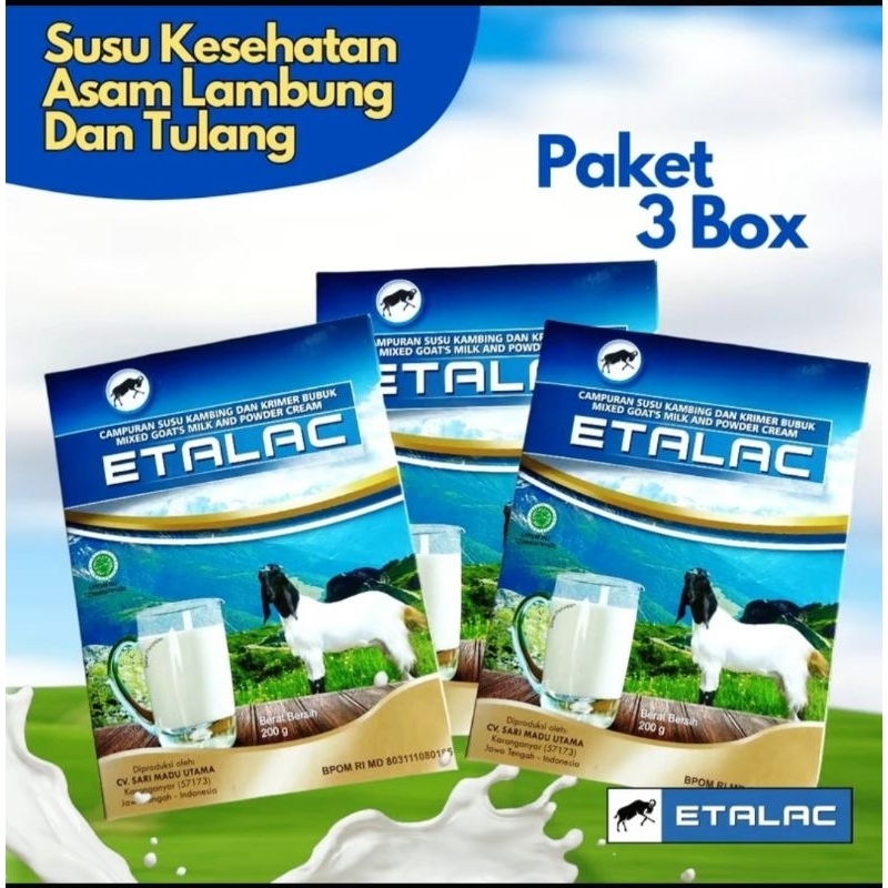 

[ PAKET COMBO 3 BOX ] SUSU KAMBING ETAWA BY ETALAC 100% ORIGINAL OBAT GERD LAMBUNG NYERI DADA HATI SENDI & TULANG SUSU ASLI TANPA GULA @200G X 3 BOX