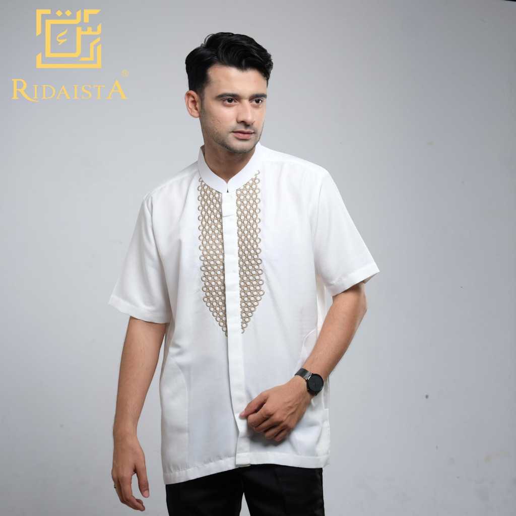 KOKO PRIA DEWASA LENGAN PENDEK Putih Motif Gold Sultan Kualitas Premium Terbaru - Ridaista
