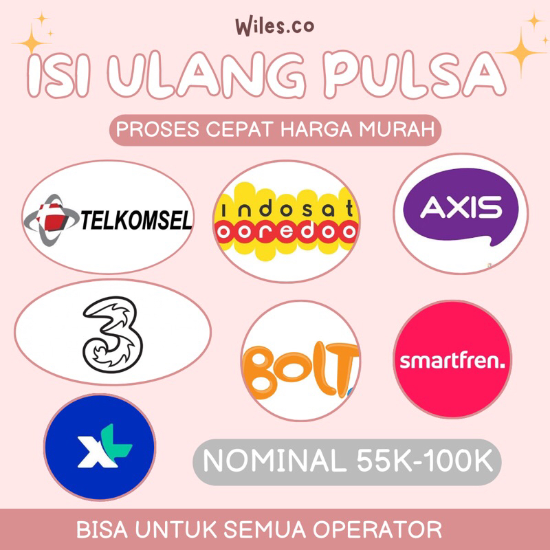 Pulsa 55rb, 60rb, 70rb, 75rb, 80rb, 85rb, 90rb, 100rb Telkomsel/Simpati, Indosat/IM3, XL, Axis, Tri/