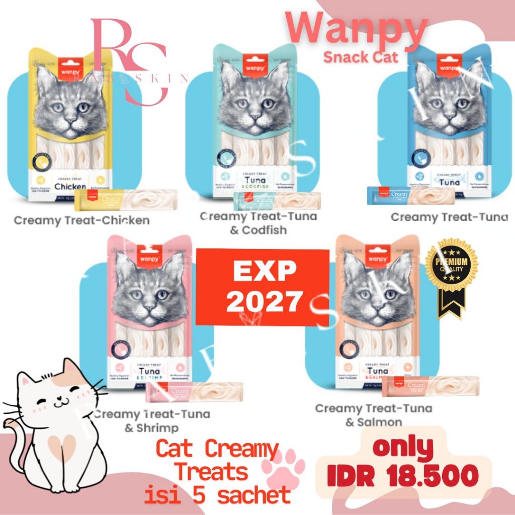 Wanpy Snack Kucing Creamy Treats 5 Varian Chicken Tuna Codfish Shrimp - 1pax isi 5sachet ( 5x14gr) E