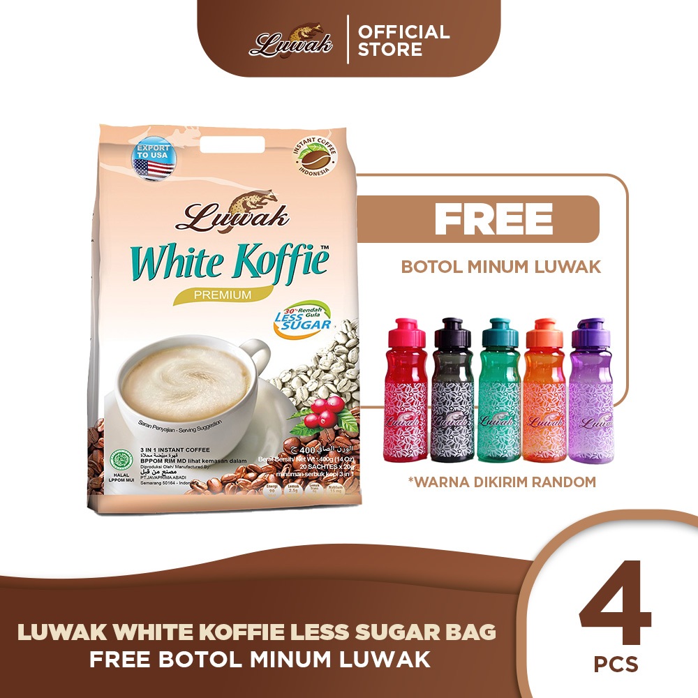 

Kopi Luwak White Koffie Less Sugar Bag 19x19gr 4pcs - FREE Botol Minum Luwak