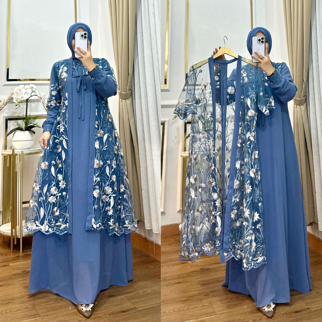 gamis pesta mewah elegan terbaru/gamis ceruty kombinasi brokat dua layar kekinian/gamis termurah