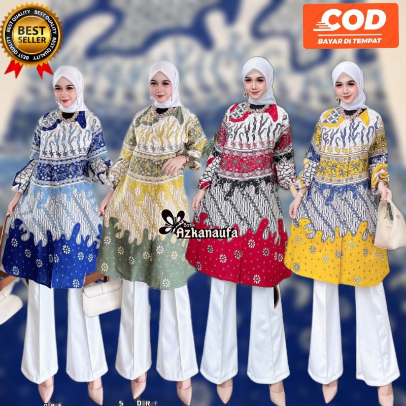 azkanaufa Tunik VIRAL Kancing Depan kombinasi katun Fashion blouse batik wanita tenun seragam kantor
