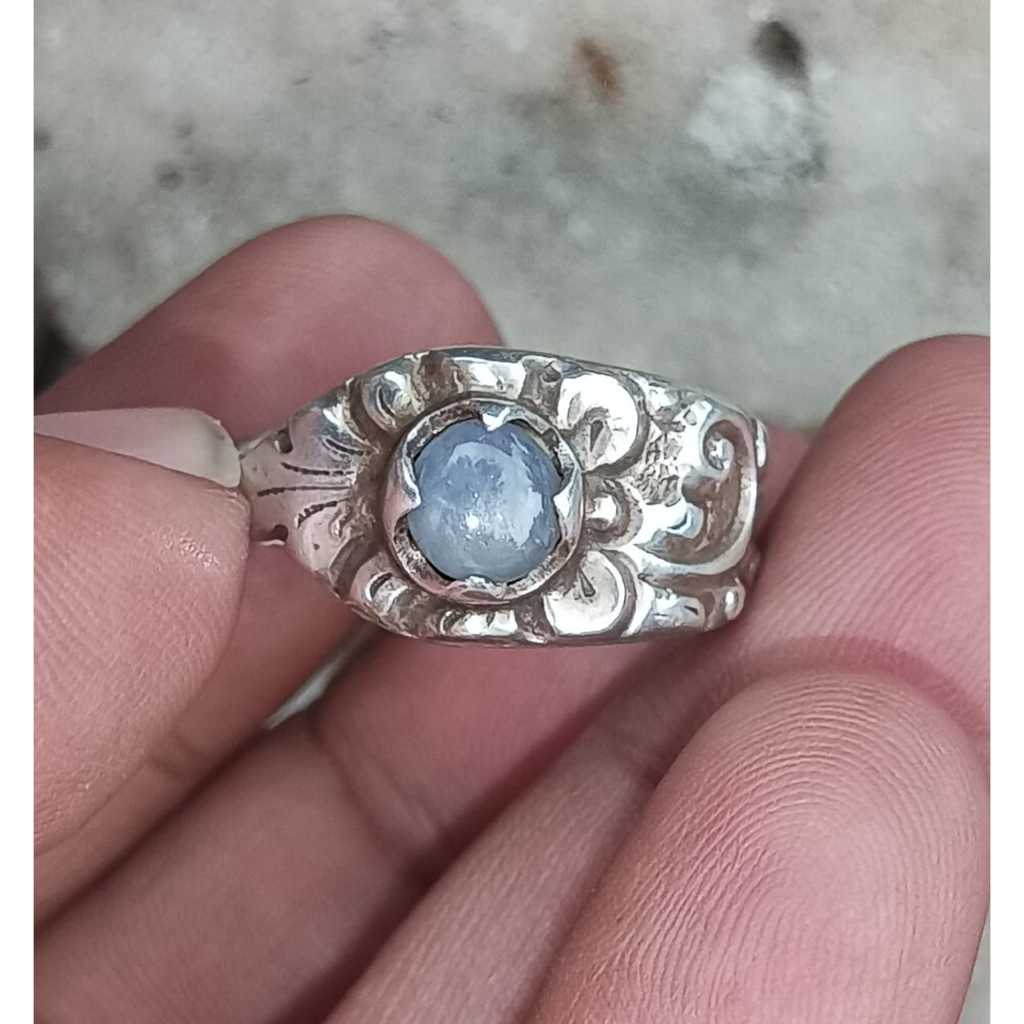 Natural Blue Safir Star Kristal Ring Perak 925 HM Ukir