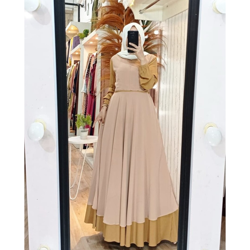 Gamis Berly Muslim Polos Terbaru - Gamis Bahan Ceruty Mix Kombinasi - Gamis Lengan Karet (Wudhu) Gam