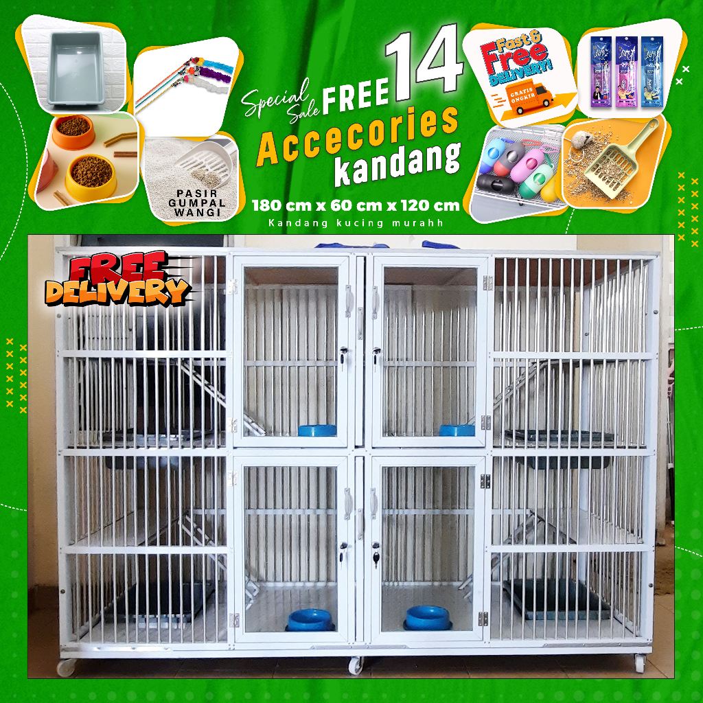 kandang kucing aluminium 4 pintu kamar besar 2 tingkat luas rangka putih knockdown kuat kokoh alas k