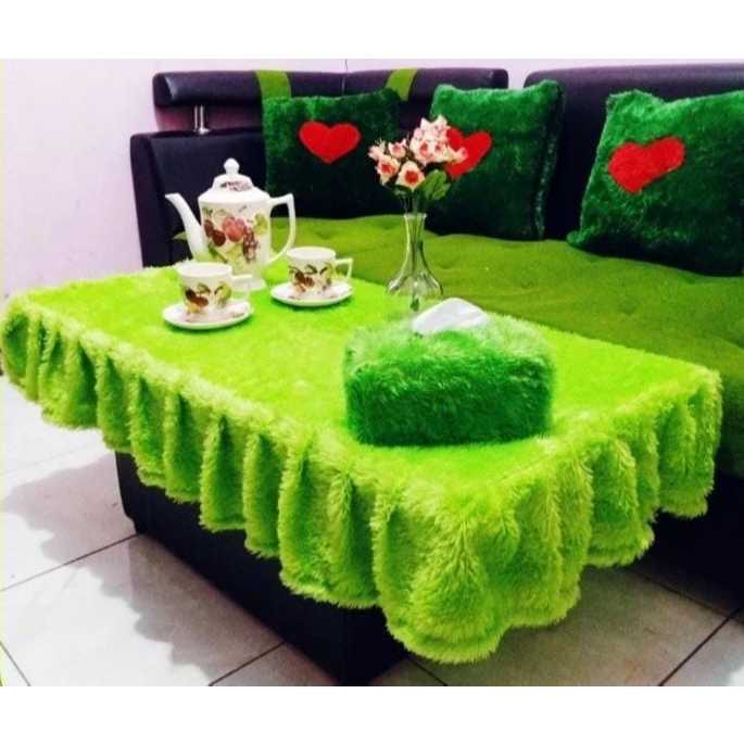 Taplak Meja Kaca Ruang Tamu Rumbai Bulu Rasfur / Taplak Meja Kaca Rumbai / Taplak Meja Rumbai Bulu