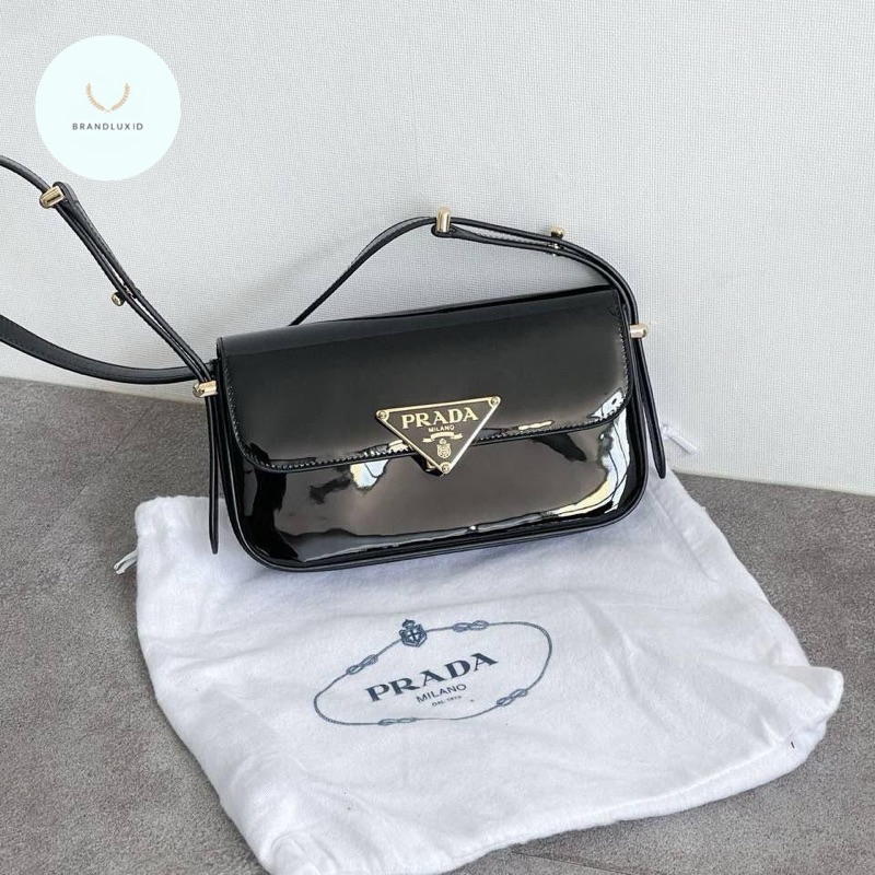 Prada Triangle Logo Shoulder Bag Patent Blac