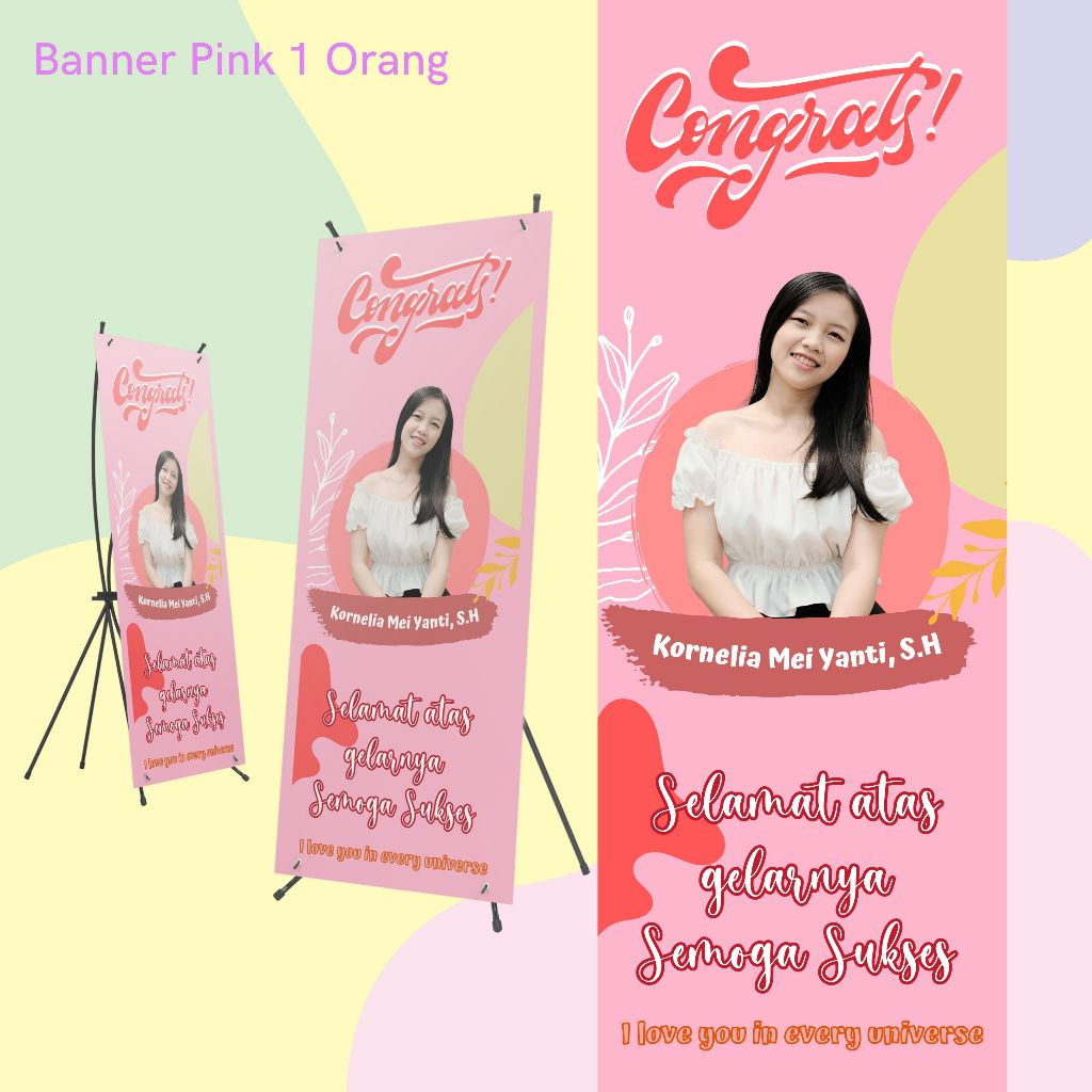 CETAK BANNER WISUDA PINK SATU ORANG [X-BANNER UKURAN 160x60]