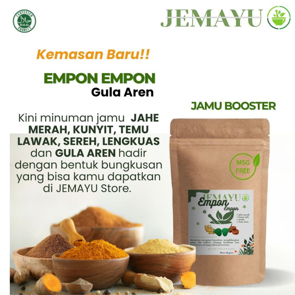 

JEMAYU Empon Empon Herbal Jahe Merah, Kunyit, Temulawak, Sereh, Lengkuas, dan Gula Aren Original 500 gr