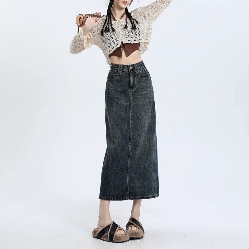 Rok Split Biru Retro Rok midi A Hhwaist