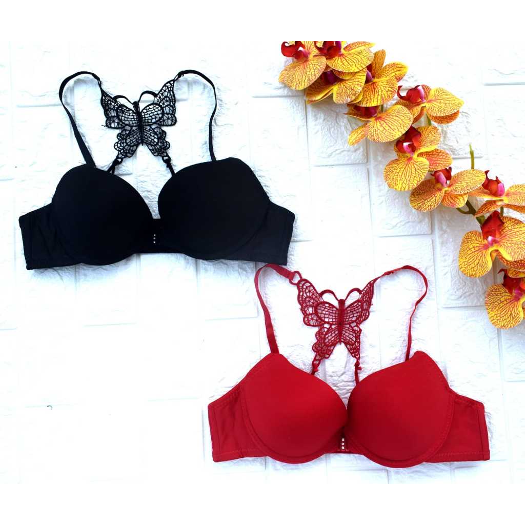 BRA Fashion Kait Depan Cup B Berkawat BH Sexy Wanita Dewasa Busa Tipis Cup 3/4 Motif Kupu Kupu Bahan